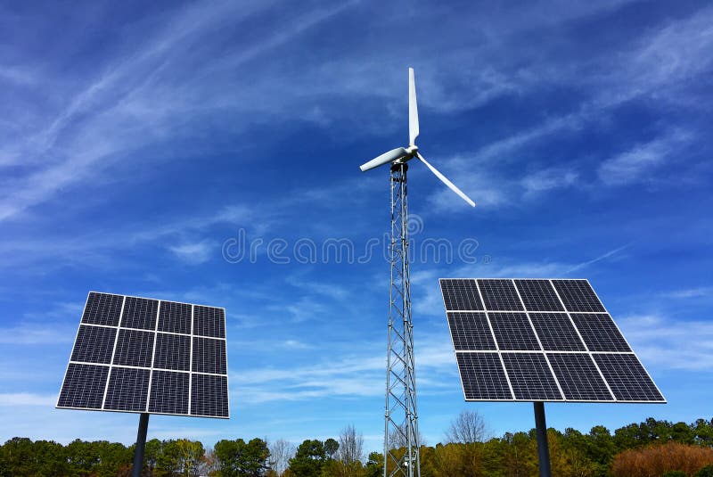 Central eléctrica de la turbina de los paneles solares y de la energía eólica