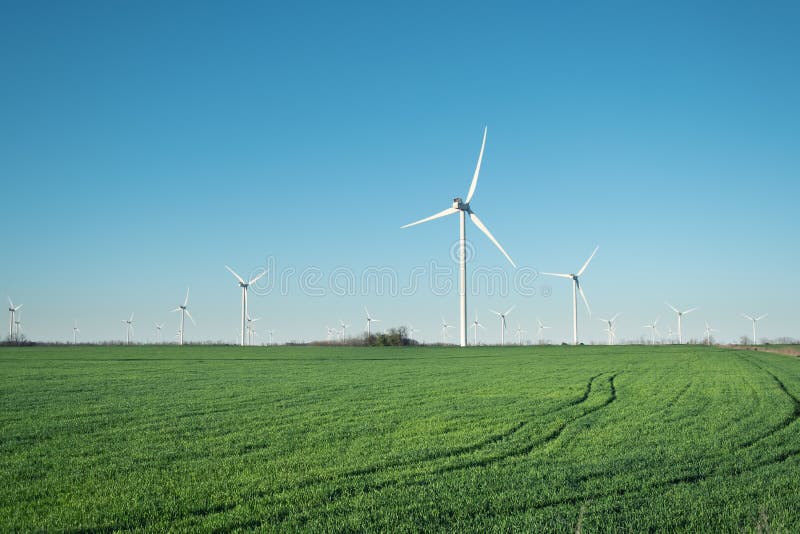 Wind power station on field. Technology and inovation. Green energy composition. Wind turbines. Industrial landscape. Wind power station on field. Technology and inovation. Green energy composition. Wind turbines. Industrial landscape