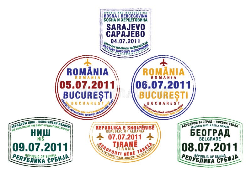 Passport stamps from Bosnia and Herzegovina, Romania, Serbia and Albania in format. Passport stamps from Bosnia and Herzegovina, Romania, Serbia and Albania in format.