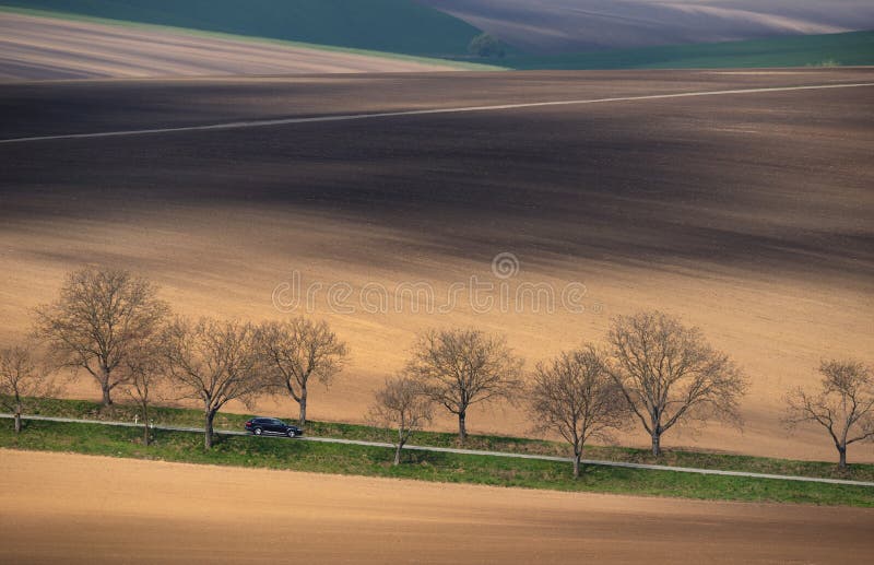 Central Europe. A black car rides among a multicolored hilly field. Landscape with a shiny black car, multi-colored plowed field a royalty free stock photo Central Europe. A black car rides among a multicolored hilly field. Landscape with a shiny black car, multi-colored plowed field a royalty free stock photo