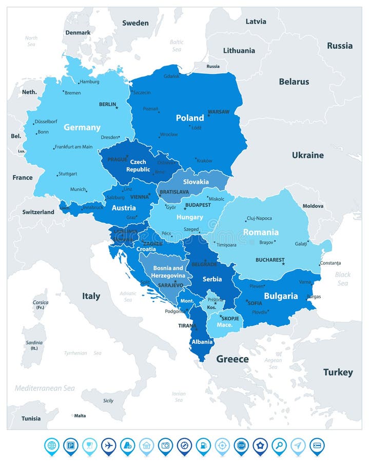 Central Europe Map In Colors Of Blue and Map Pointers. Vector illustration. Poland map rivers vectors