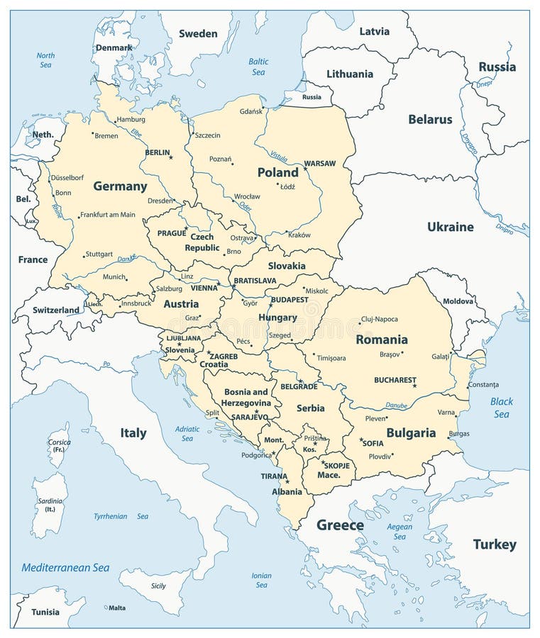 Central Europe Map. Vector illustration. Poland map rivers vectors
