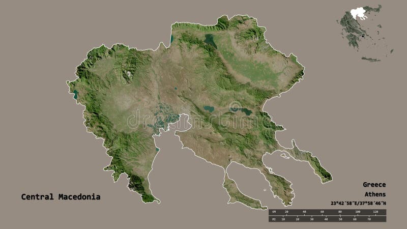 Central Macedonia, decentralized administration of Greece, zoomed. Satellite royalty free illustration