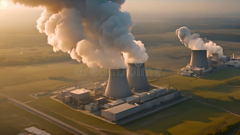 Central nuclear con humo ondulado desde un ángulo alto