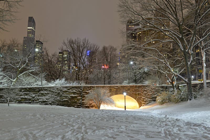 Central Park in the snow with skyline, Manhattan New York