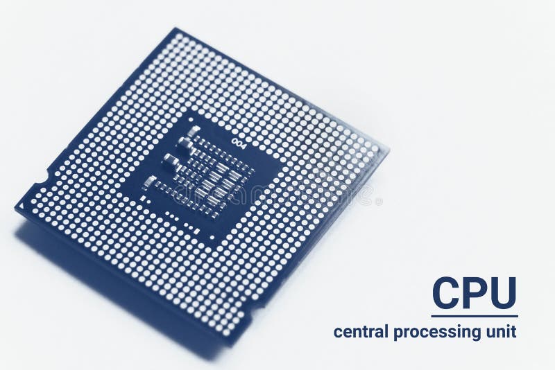 Central processor unit CPU chip in blue monochrome toned on white background with copy space royalty free stock image