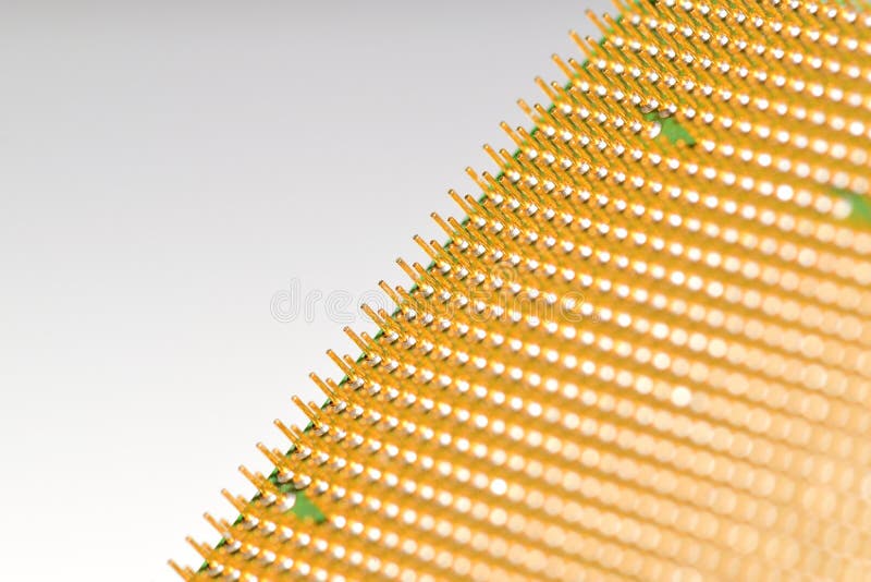 Central processor unit - CPU. Golden pins. Copy space in the top left corner. Shallow depth of field royalty free stock photos