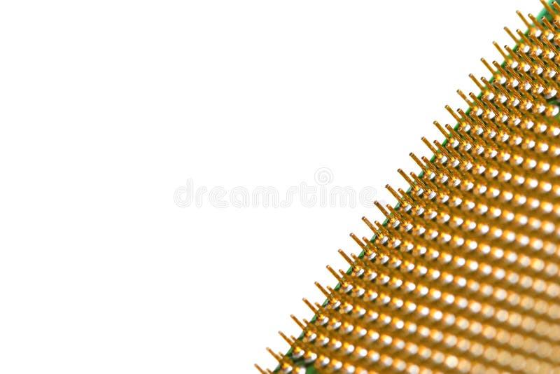 Central processor unit - CPU. Golden pins. Copy space in the top left corner. Shallow depth of field royalty free stock photos