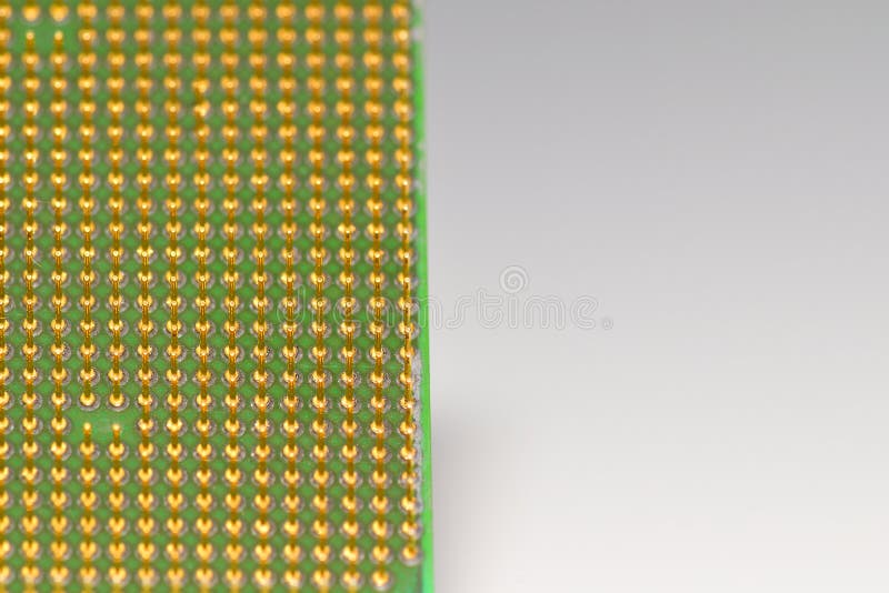 Central processor unit. Golden pins of a core. Copy space stock images