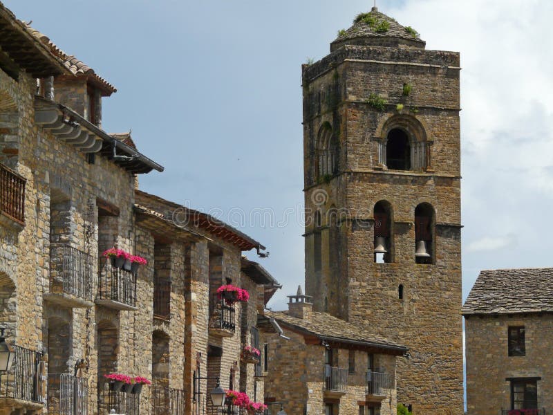 Central square and church tower. Village of AÃ­nsa. Medieval art. Spain.