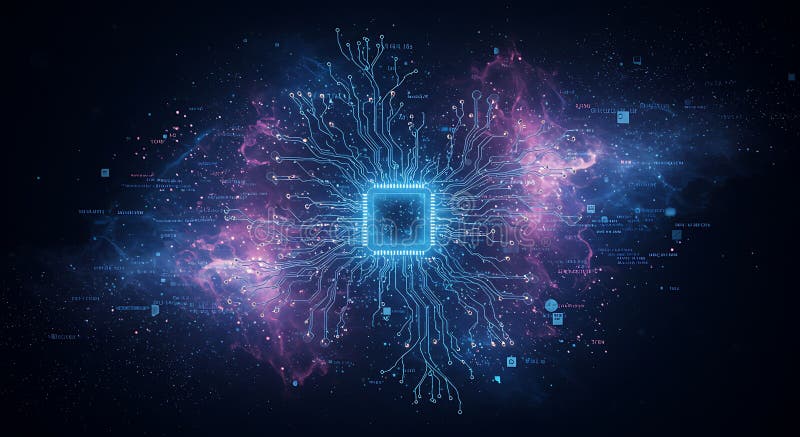 Central square microchip in neon blue, connected by intricate circuit lines stock illustration
