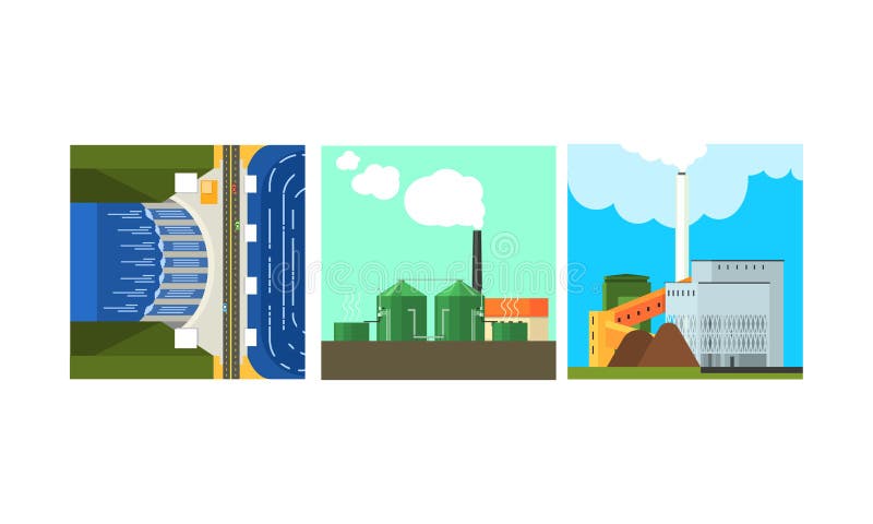 Centrales eléctricas, limpio y producción de la generación de la energía de la contaminación, ejemplo del vector de la energía al stock de ilustración Centrales eléctricas, limpio y producción de la generación de la energía de la contaminación, ejemplo del vector de la energía al stock de ilustración