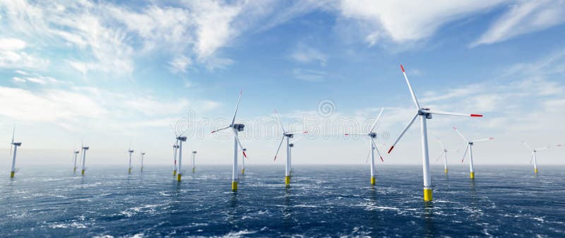 Centrali eoliche offshore e centrali energetiche con molte turbine eoliche sull'oceano