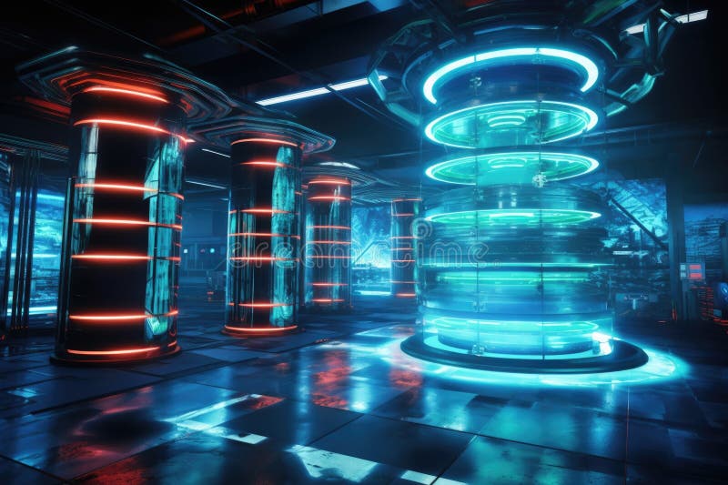 Centre de données futuriste avec symboles d'adn brillants. Centre de données futuriste avec symboles d'adn lumineux créés avec ai génératif