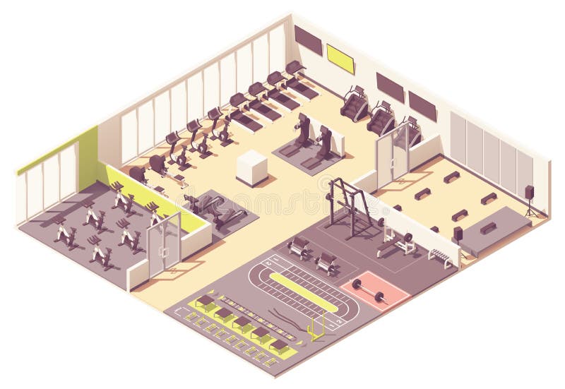 Centre de fitness de vecteur ou int?rieur isom?trique de gymnase illustration libre de droits Centre de fitness de vecteur ou int?rieur isom?trique de gymnase illustration libre de droits