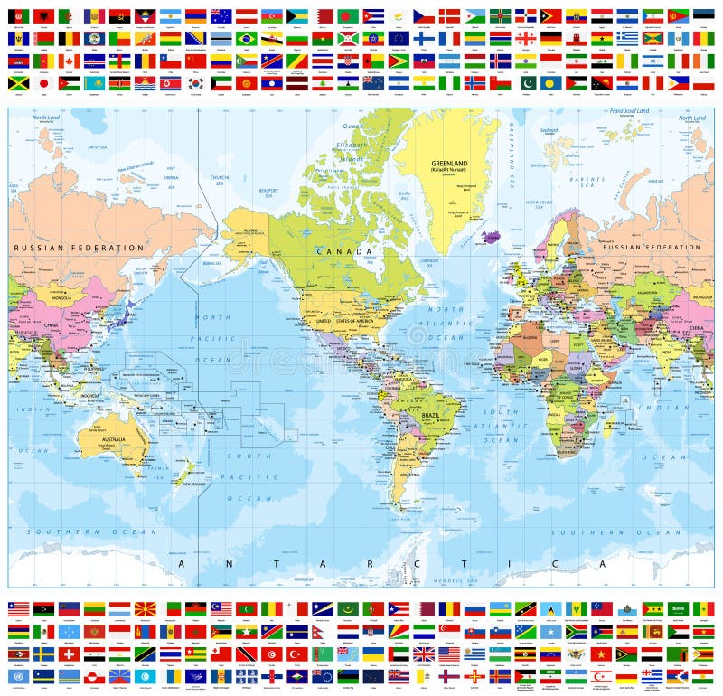Centrerad Amerika politisk världskarta och alla världslandsflaggor stock illustrationer Centrerad Amerika politisk världskarta och alla världslandsflaggor stock illustrationer