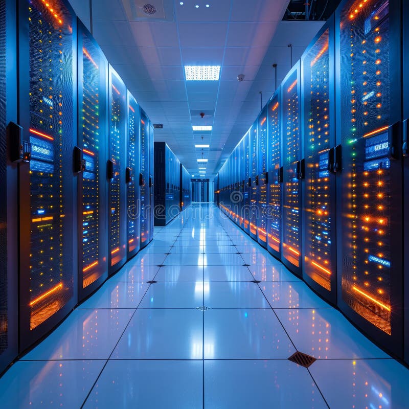 Centro dati moderno con rack server illuminati di notte fotografia stock libera da diritti