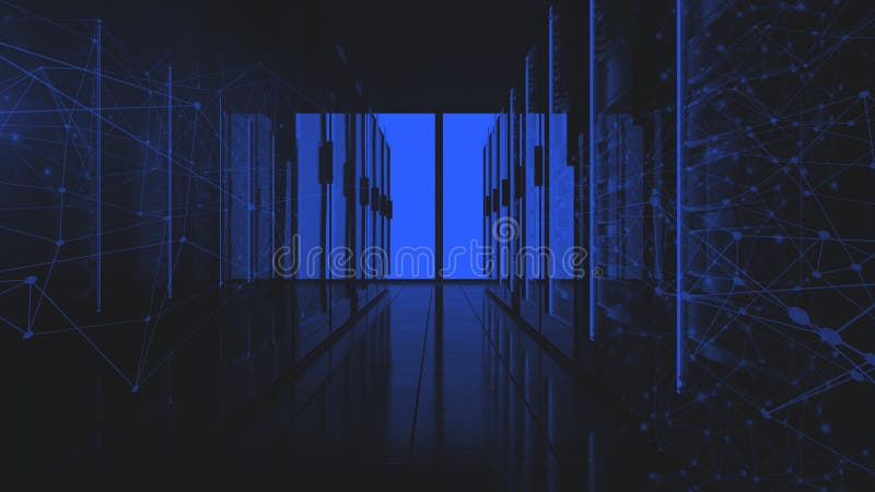 Centro dati. Rack server nel computer network security server room data center 3d rendering blu scuro