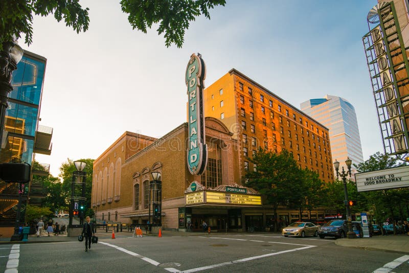 Arlene Schnitzer Concert Hall with wonderful street sign Portland on a sunny day, in Portland, Oregon, USA. Arlene Schnitzer Concert Hall with wonderful street sign Portland on a sunny day, in Portland, Oregon, USA