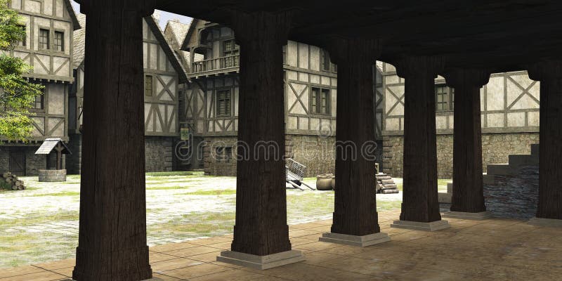 Centro medieval o de la fantasía Markethall de ciudad stock de ilustración Centro medieval o de la fantasía Markethall de ciudad stock de ilustración