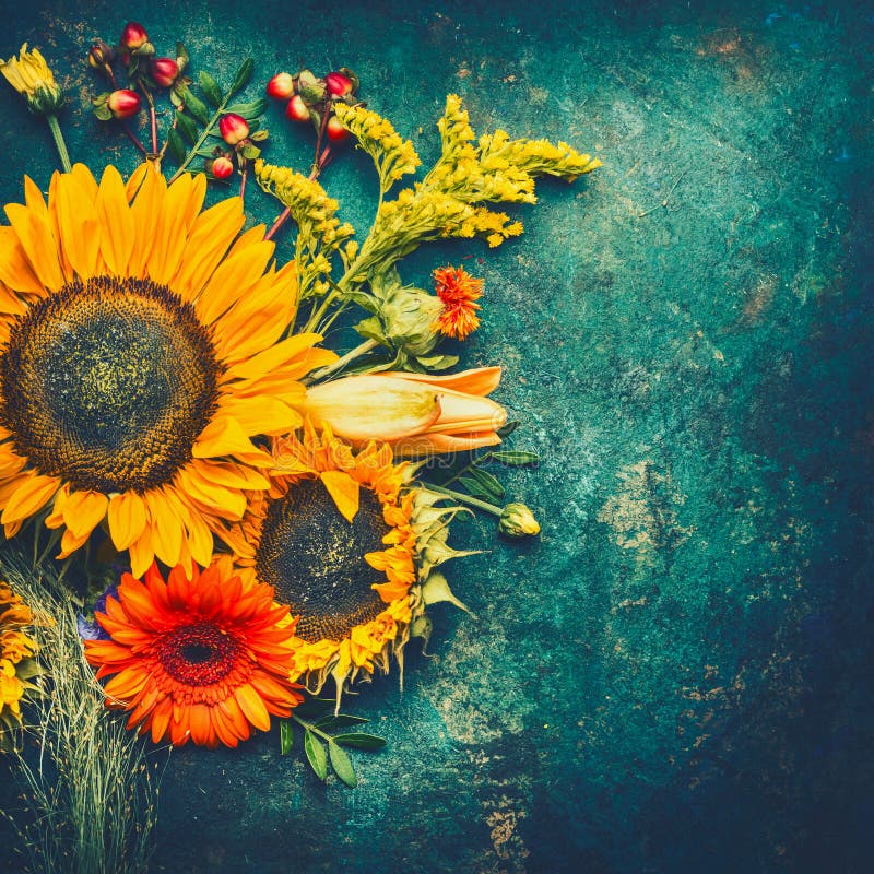 Centros de flores del otoño hechos de girasoles, de hojas y de bayas del canina en el fondo rústico del vintage, visión superior, foto de archivo Centros de flores del otoño hechos de girasoles, de hojas y de bayas del canina en el fondo rústico del vintage, visión superior, foto de archivo