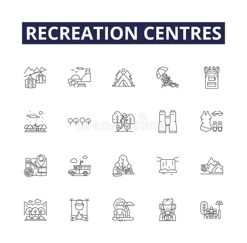 Recreation centres line vector icons and signs. Centres, Parks, Playgrounds, Amusement, Leisure, Gyms, Outdoors, Swimming vector outline illustration set. Recreation centres line vector icons and signs. Centres, Parks, Playgrounds, Amusement, Leisure, Gyms, Outdoors, Swimming vector outline illustration set