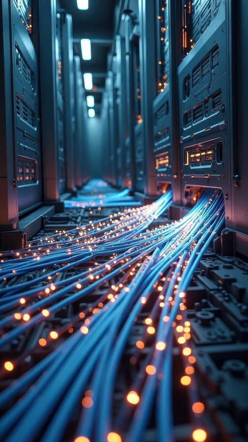 Centru de date avansat cu cabluri de fibră optică strălucitoare în camera serverului royalty free stock photo