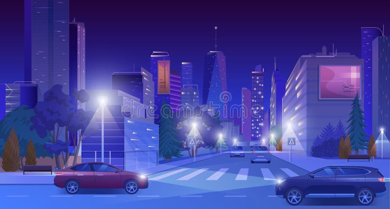 Centrul orașului în timp de noapte, imagini cu vectori, desene animate, peisaj pitoresc modern și albastru, cu zgârie-nori în stră stock illustration