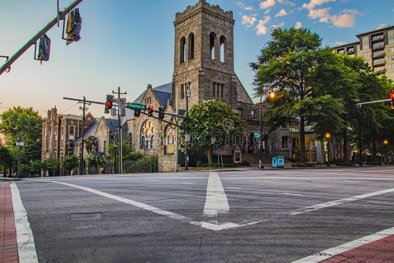 Atlanta, Ga USA - 06 14 20: Downtown Atlanta morning  covid-19 Old stone church on Peachtree and North. Atlanta, Ga USA - 06 14 20: Downtown Atlanta morning  covid-19 Old stone church on Peachtree and North