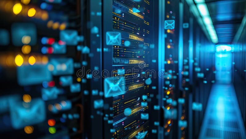 Centrum danych serwerowych. kopie zapasowe hostingu mainframe i szafa serwerowa komputera z informacjami o pamięci masowej royalty ilustracja