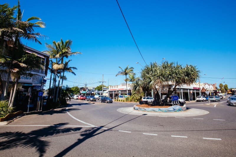 BYRON BAY, AUSTRALIA - April 9 2018: Byron Bay town centre on a warm autumn day during holidays in NSW Australia. BYRON BAY, AUSTRALIA - April 9 2018: Byron Bay town centre on a warm autumn day during holidays in NSW Australia