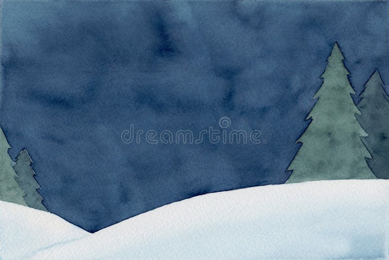 Calm night winter scenery background. Watercolor hand painting illustration. Design for winter, nature,  Christmas, New year. Calm night winter scenery background. Watercolor hand painting illustration. Design for winter, nature,  Christmas, New year