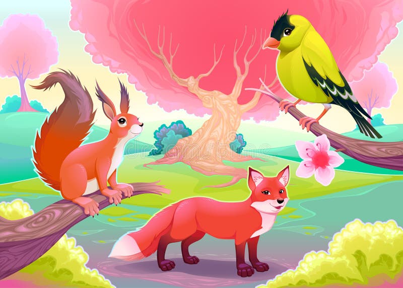 Cenário natural da fantasia com animais engraçados ilustração royalty free Cenário natural da fantasia com animais engraçados ilustração royalty free