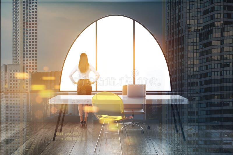 CEO da mulher no escritório da empresa, dobro da arquitetura da cidade ilustração stock CEO da mulher no escritório da empresa, dobro da arquitetura da cidade ilustração stock