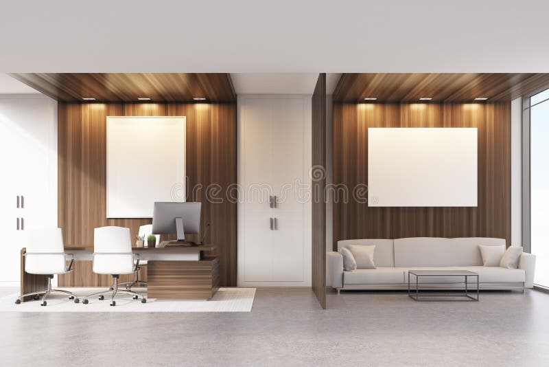 CEO office with sofa, table and poster, dark