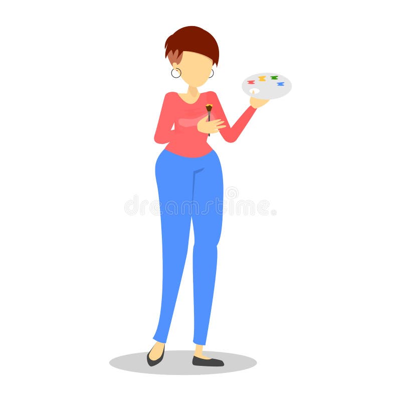 Cepillo y paleta de colores creativos de la tenencia del carácter femenino stock de ilustración Cepillo y paleta de colores creativos de la tenencia del carácter femenino stock de ilustración