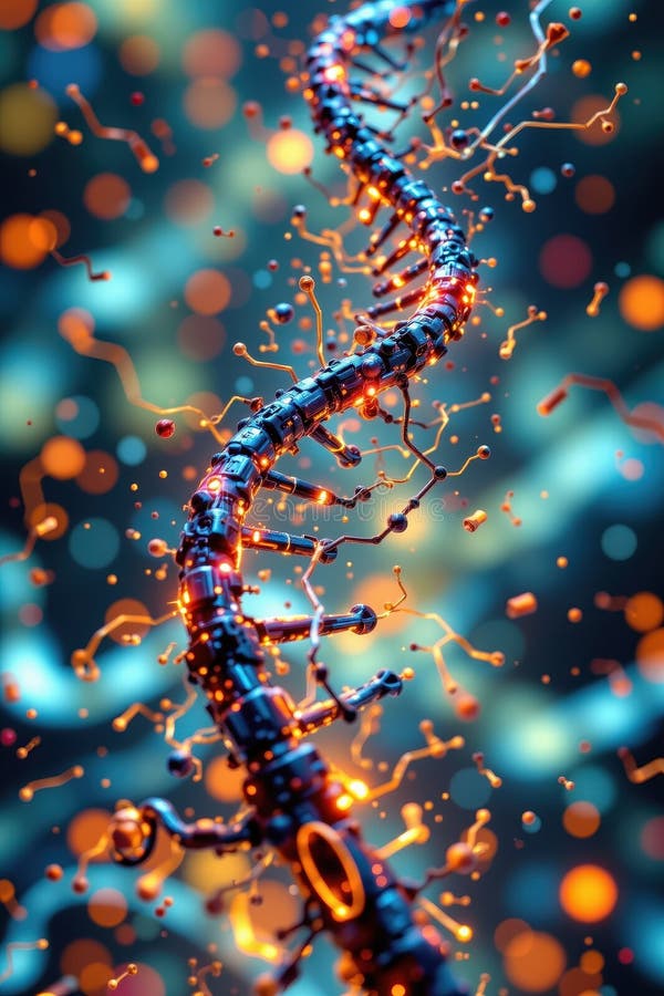 Ceppo digitale di DNA intrecciato con elementi di matrice di intelligenza artificiale e impulsi luminosi royalty illustrazione gratis