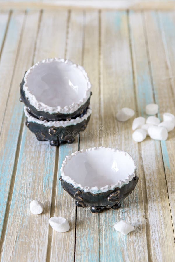 Ceramic Bowls Handmade. Clay Cups Grey and White Colours Stock Photo