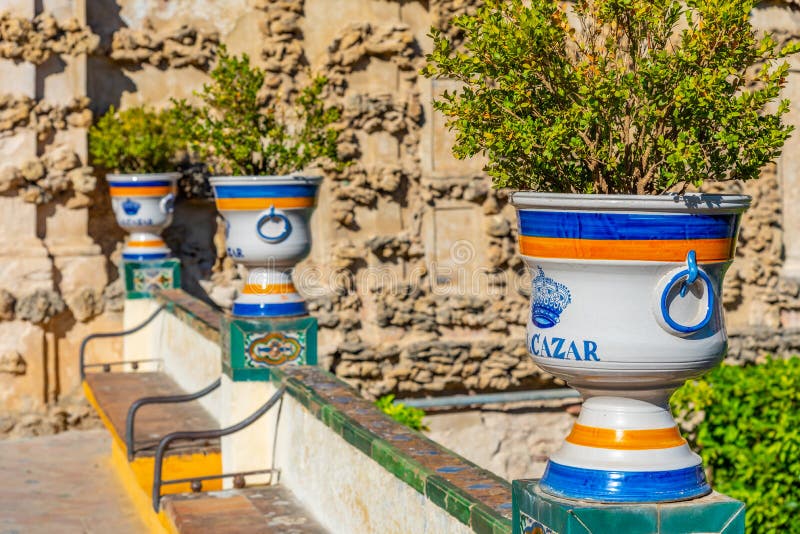 Ceramic Flower Pots at Real Alcazar De Sevilla in Spain Stock Photo