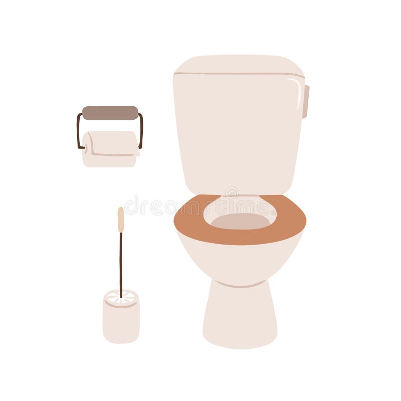 Ceramic flush with seat and tank, toilet paper holder, closet brush in WC. Clean lavatory, loo and hygiene sanitary