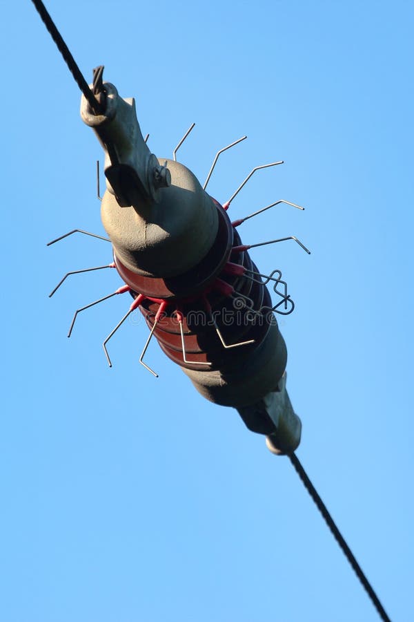 Ceramic Insulator on a Powerline Against Blue Sky Background Stock