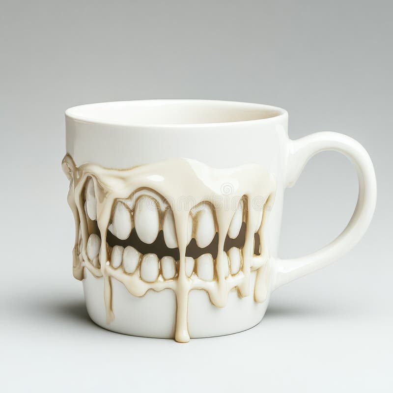 Ceramic mug with melting cream-colored liquid and exposed teeth stock image