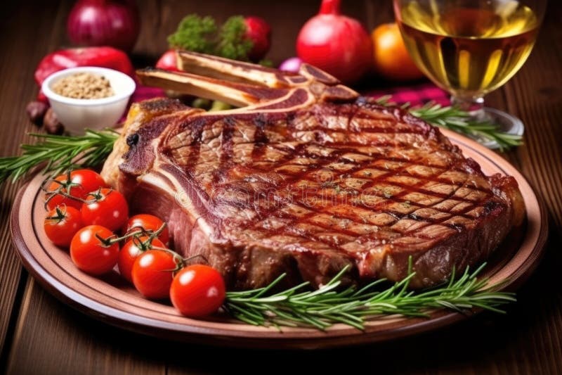 Ceramic Plate with Mediumrare Tbone Steak, Having Perfect Grill Marks