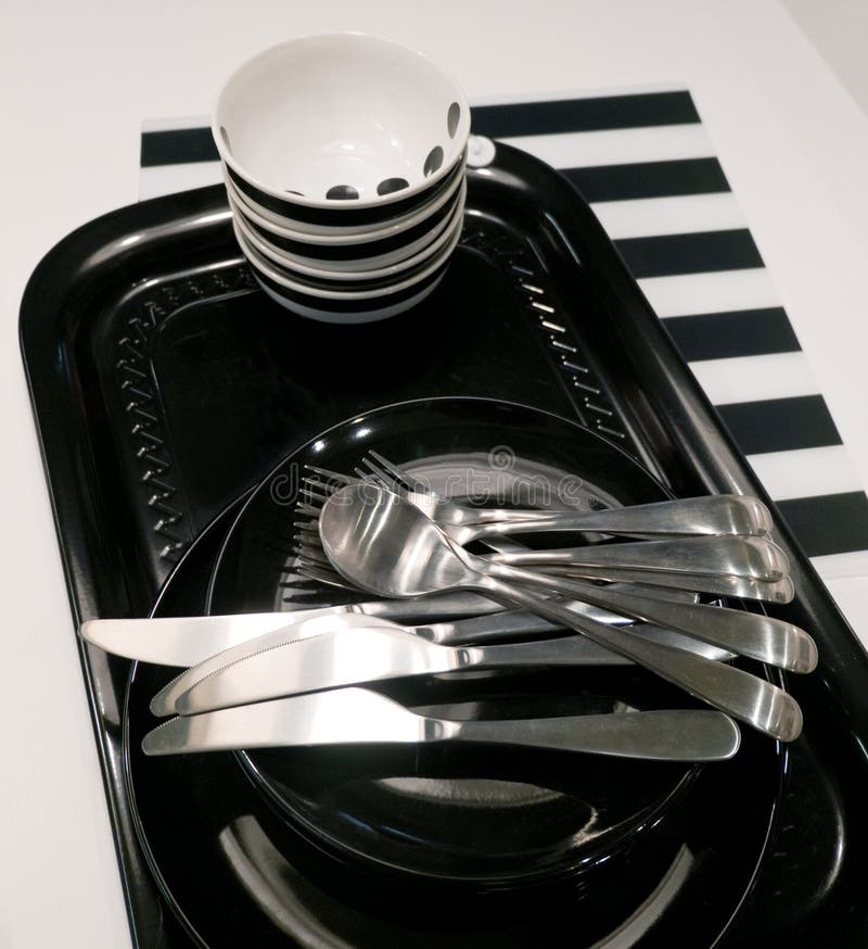 Set of Ceramic Plates, Bowls, Cutlery and Tray Stock Photo Image of