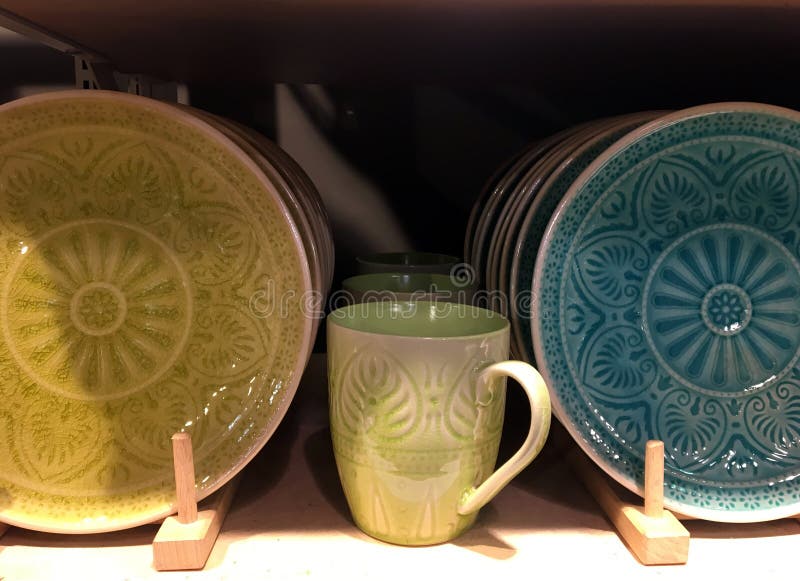 Ceramic Plates with Pattern on a Shelf in a Store Stock Photo Image