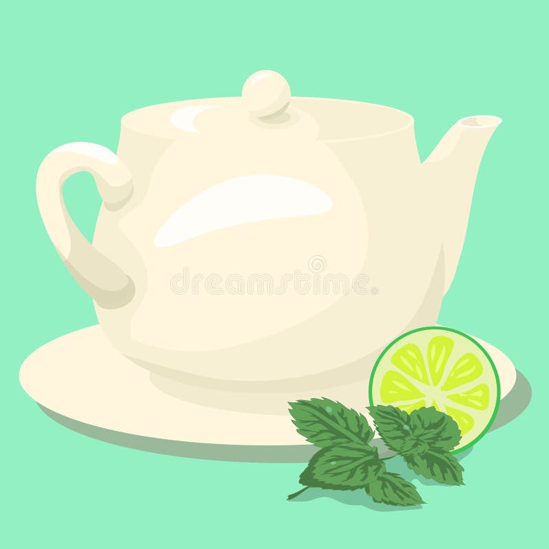 Ceramic Teapot with mint Tea and Green Leaves royalty free illustration Ceramic Teapot with mint Tea and Green Leaves royalty free illustration