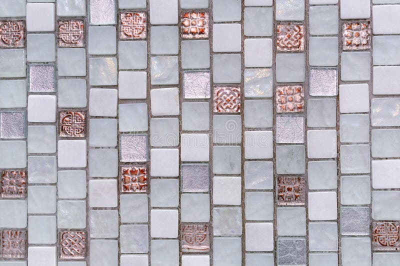 Ceramic Tile Mosaic with Blue, Gray and Brown Squares Stock Photo