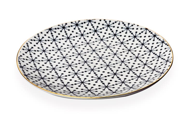 Ceramics decorative plates, Plate with geometric pattern and gold rim, isolated on white background with clipping path, Side view royalty free stock photos Ceramics decorative plates, Plate with geometric pattern and gold rim, isolated on white background with clipping path, Side view royalty free stock photos