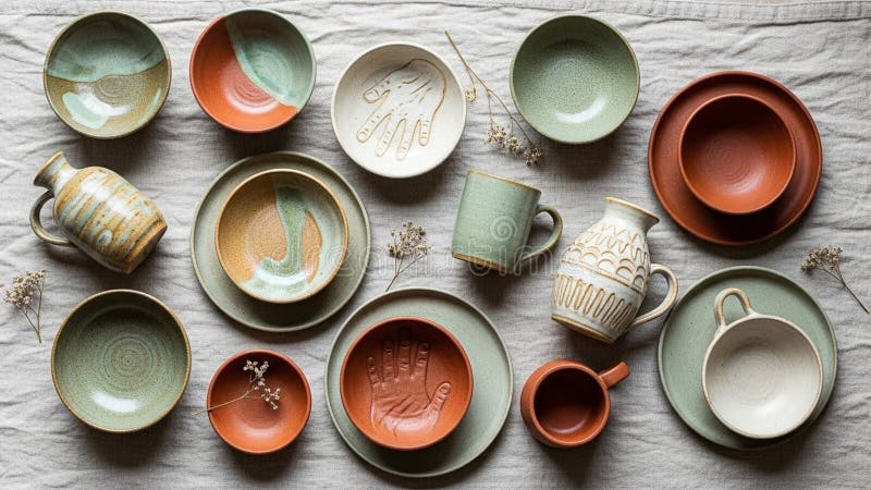 The ceramics have a matte finish and display a rustic artisanal aesthetic stock illustration