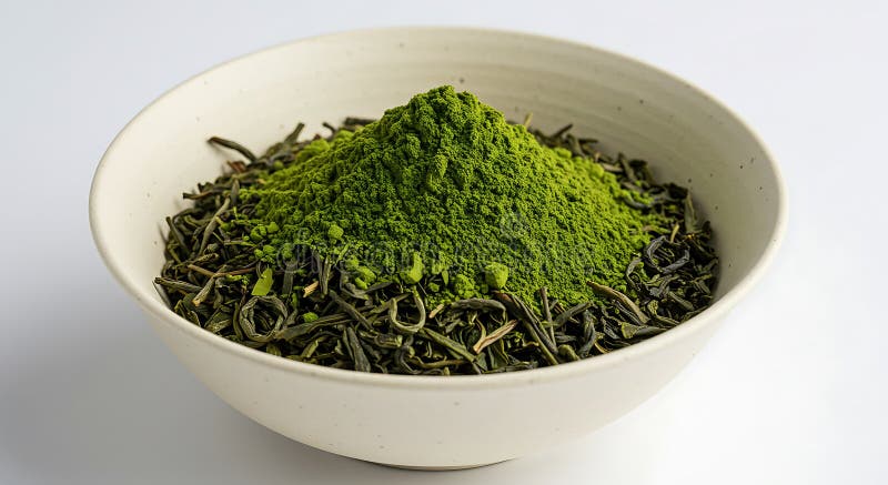 Ceramiczna miska zawiera bryłę jasnozielonego proszku matcha na ciemnozielonym tle ilustracji